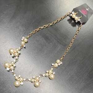 Paparazzi Earrings and Necklace Set Gold Tone Chain Cream Pearls Faux Diamonds